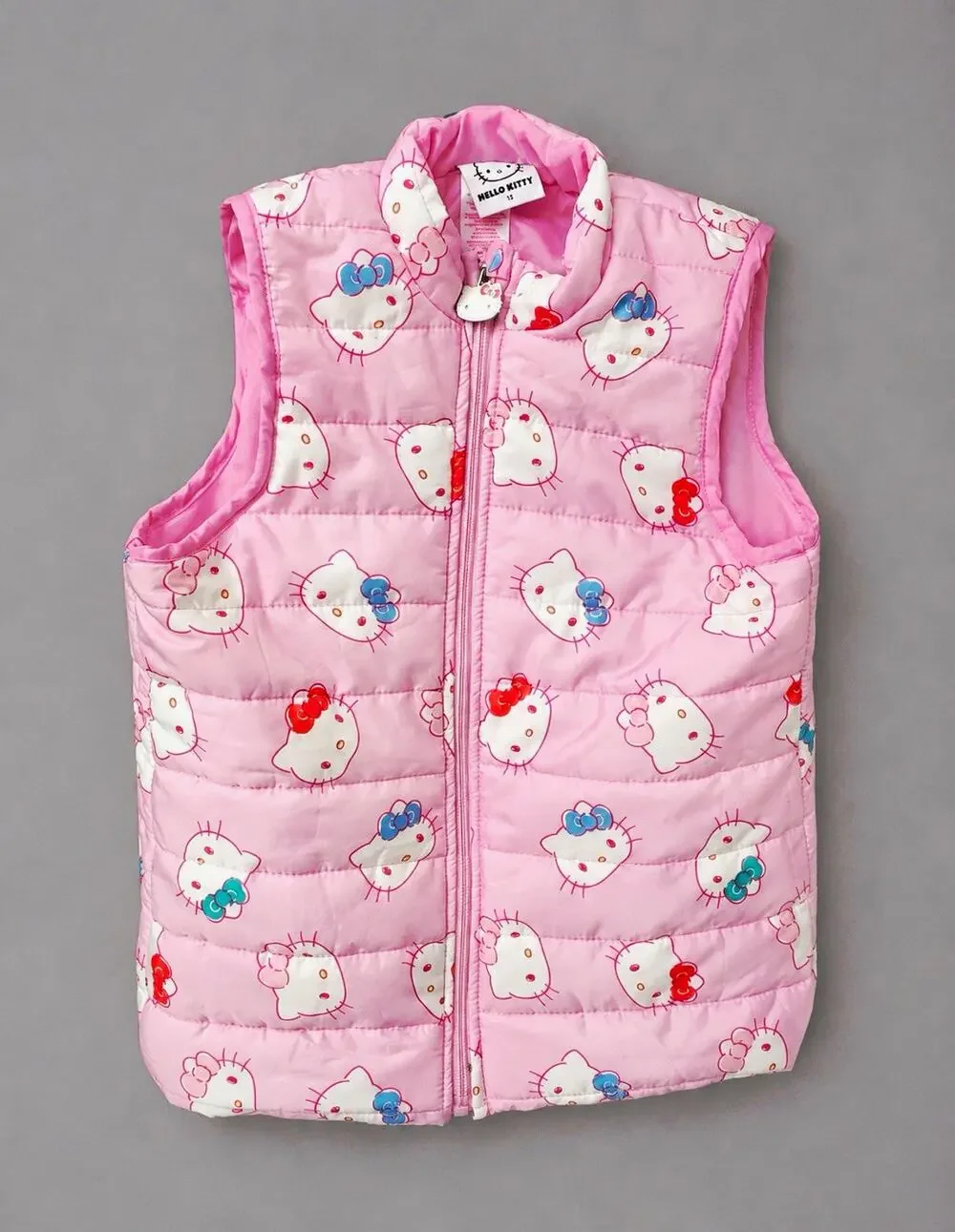 Hello Kitty Girls Pink Quilted Puffer Vest Full Zip Size 12